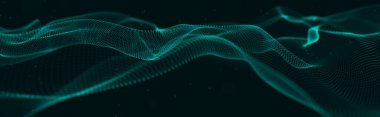 Parçacıkların müzikal dalgası. Yapısal bağlantılara benziyor. Parlak parçacıkların olduğu soyut bir arkaplan. 3d