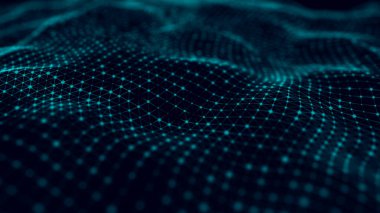 Dinamik dalgalı noktaların ve doğruların gelecekteki arkaplanı. Büyük veri. Soyut arkaplan 3D. 4k