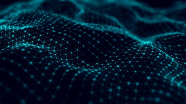 Dinamik dalgalı noktaların ve doğruların gelecekteki arkaplanı. Büyük veri. Soyut arkaplan 3D. 4k