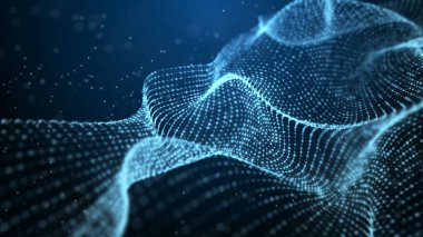 Dinamik dalgalı noktaların ve doğruların gelecekteki arkaplanı. Büyük veri. Soyut arkaplan 3D. 4k