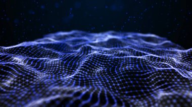 Dinamik dalgalı noktaların ve doğruların gelecekteki arkaplanı. Büyük veri. Soyut arkaplan 3D. 4k