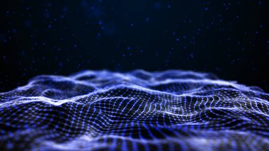 Dinamik dalgalı noktaların ve doğruların gelecekteki arkaplanı. Büyük veri. Soyut arkaplan 3D. 4k