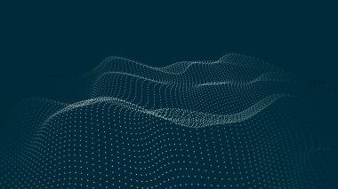 Bir partikül dalgası. Gelecekçi nokta dalgası. Vektör çizimi. Dinamik dalgalı soyut mavi arkaplan. 3d
