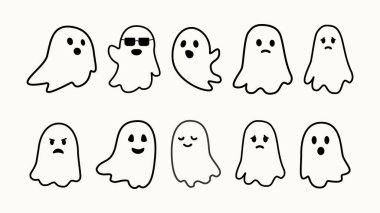 Cadılar Bayramı ikonlarının vektör seti. Farklı duyguları olan sevimli hayaletler..