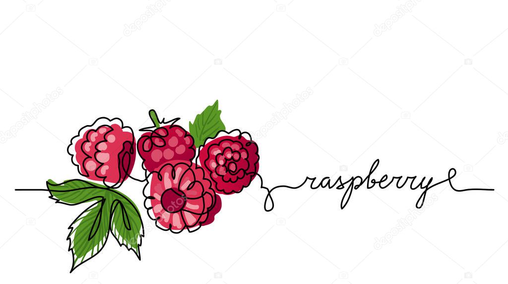 Raspberry vector color illustration, background, sketch banner for label design. One continuous line drawing of raspberry with lettering. Editable black stroke