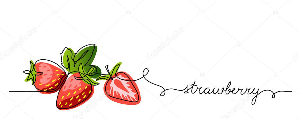 Strawberry vector color illustration, background, banner for label design. One continuous line drawing of strawberry with lettering. Editable black stroke