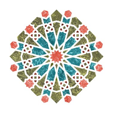 Eski Arabesk dekoru. Yuvarlak geometrik desenli element. Beyaz arkaplanda izole edilmiş amblem veya işaret