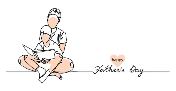 Happy Fathers Day vector background, web banner, poster. Мужчина и мальчик вместе читали книгу. Один сплошной рисунок баннера с надписью День отца — стоковый вектор