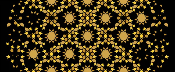 Padrão decorativo árabe islâmico preto e dourado, textura, fundo com estrelas. Padrão vetor de luxo rico árabe. Meio-tom geométrico com desintegração de azulejos de cor em fundo preto . — Vetor de Stock