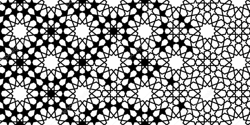 Arabesque black and white vector border. Geometric arab halftone border with tile disintegration