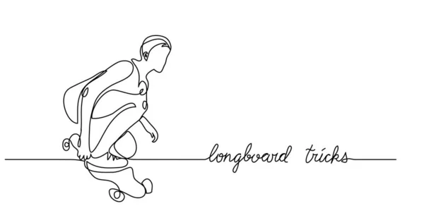 Truque de skate Longboard. Fundo vetorial simples, banner web, cartaz. Um desenho de linha contínua de patinador com lettering — Vetor de Stock