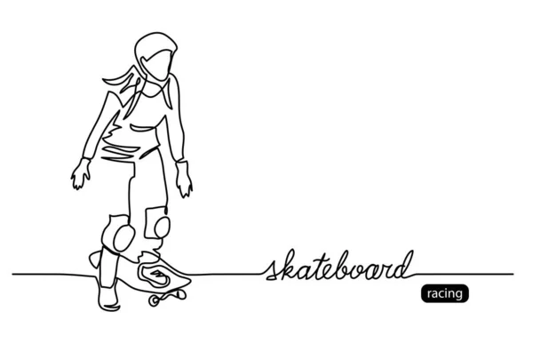 Skateboard vektorové pozadí, web transparent, plakát. Jeden souvislý výkres bruslaře s nápisem skateboard. Obrázek obrysu dívky — Stockový vektor