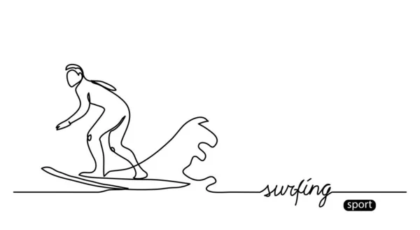 Surfer silhouet omtrek. Surfen op eenvoudige vectorachtergrond, illustratie. Een doorlopende lijn tekenen en surfen belettering — Stockvector
