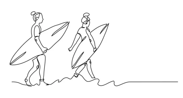 Meninas com pranchas de surf. Banner web preto e branco, fundo vetorial, ilustração simples. Uma linha contínua de desenho de meninas surfistas — Vetor de Stock