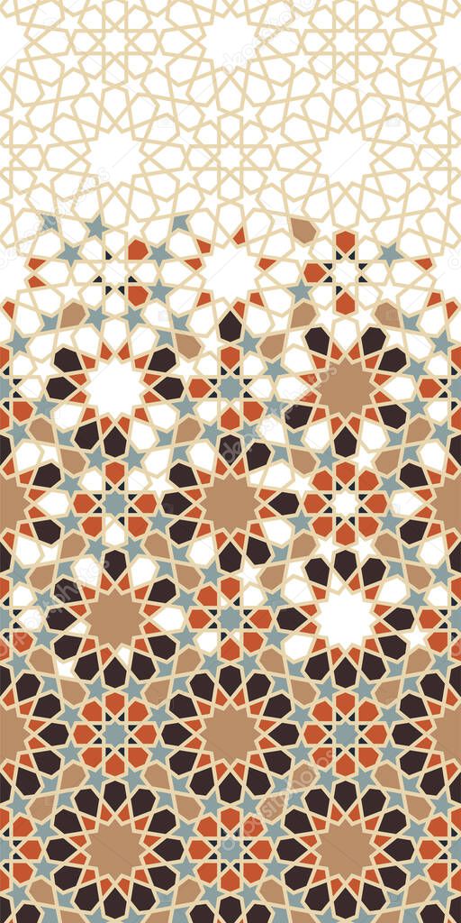 Arabic islamic vector pattern, border, decor, texture, background. Geometric halftone pattern with arabic color mosaic disintegration