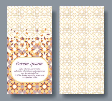 Selamlama, davetiye, kutlama için vektör kartı şablonu, tarihi kaydet, düğün Arap geometrik mozaiğinde gerçekleştirilecek. İslami çifte kart şablonu
