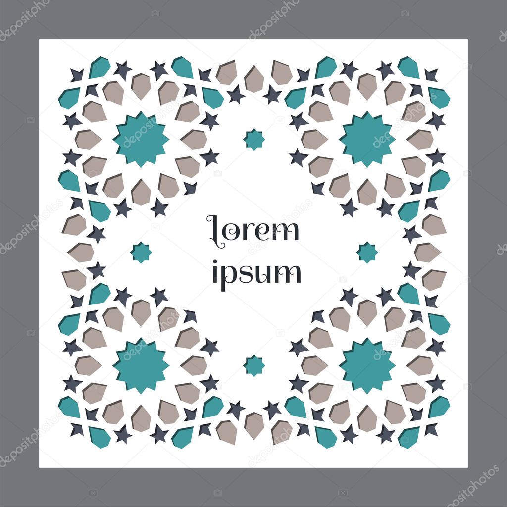 Square islamic cut out design, geometric card . Paper cut out vector card template