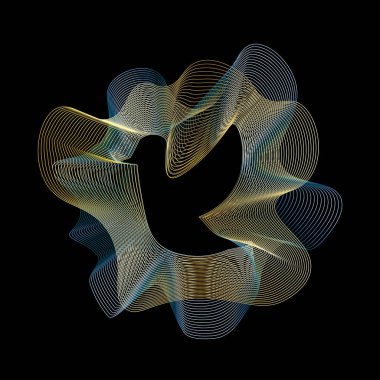 Kuş uçuyor. Guilloche renk dalgalı logo tasarımı. Siyah arkaplanda kuş soyut logosu