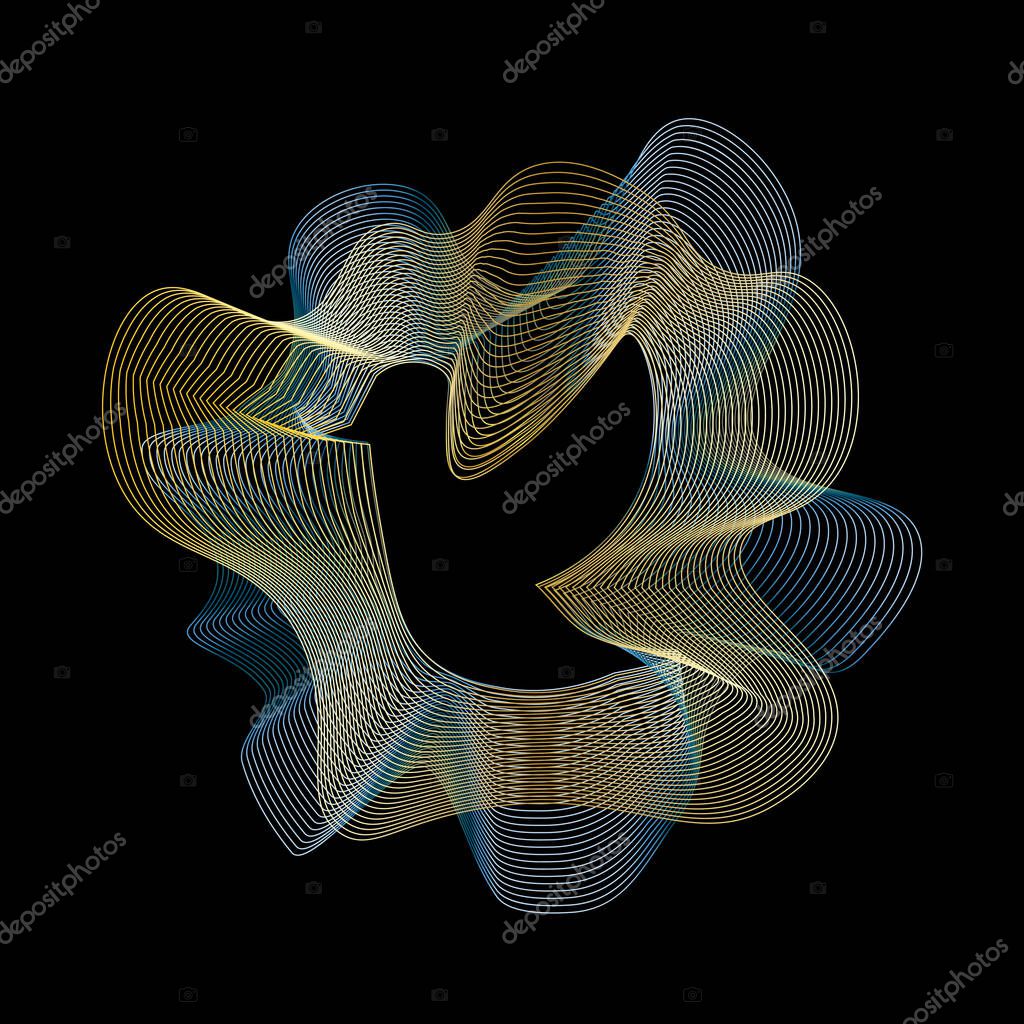 Bird in flight shape. Guilloche color wavy logo design. Bird abstract logo on black background.