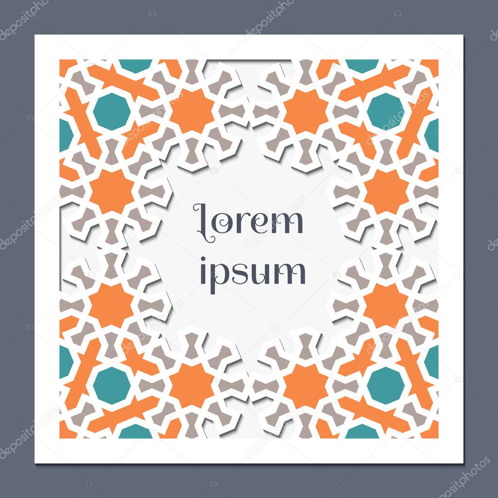 Square card design for invitation, celebration, save the date, wedding performed in arabic geometric tile. Cut out paper. Colofrul vector template
