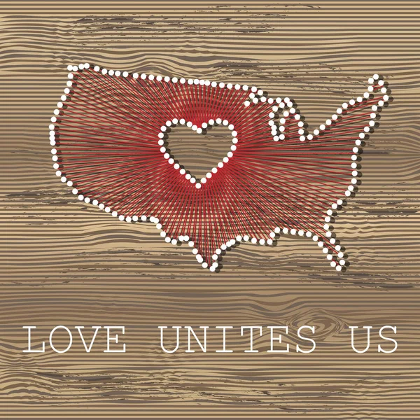 ABD sanat vektör haritası. İp sanatı, iplik ve tahta tahta dokuda iğneler. Aşk bizi birleştirir. Aşk mesajı. ABD sanat haritası — Stok Vektör