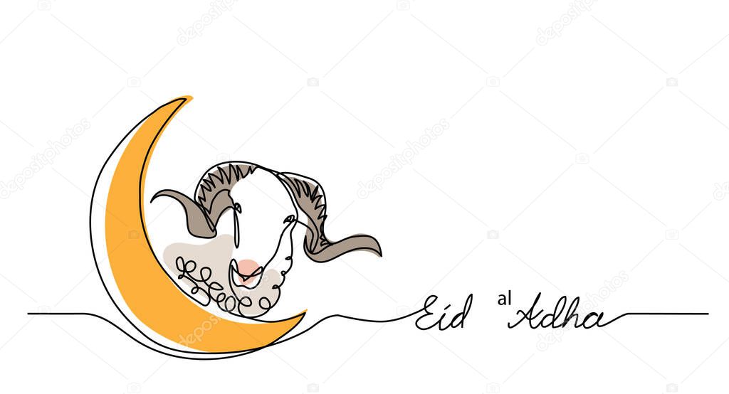 Eid al-Adha simple vector background, web banner with sheep goat and crescent. One continuous line drawing of sheep and moon