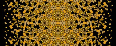 Arabesk vektörü kusursuz desen. Siyah ve altın renginde parçalanmış geometrik yarım ton dokusu. Lüks, zengin Arap dokusu