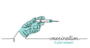 Aşı sağlık konsepti hakkında. Basit vektör web afişi, illüstrasyon, şırıngalı arka plan ve tıbbi eldiven. Harfli aşı ile kesintisiz bir çizgi.
