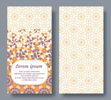 Davetiye için Arapça çifte kart, kutlama, tarihi kaydet, düğün Arap geometrik fayanslarıyla gerçekleştirilecek. Colofrul kart vektör şablonu