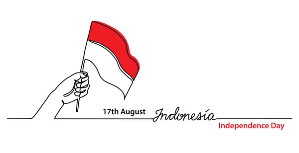 Indonésie Den nezávislosti jednoduchý web banner, pozadí s vlajkou a rukou. Jedna souvislá čára s písmem Indonésie — Stockový vektor