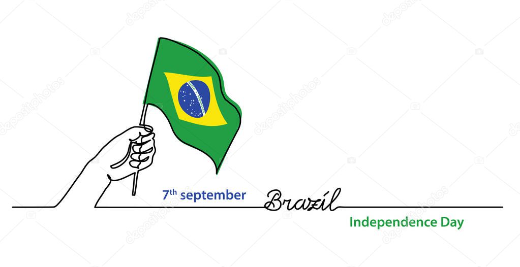 Brazil independence day simple web banner, background with flag and hand. One continuous line drawing with lettering Brazil