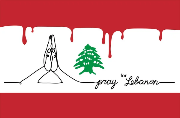 Modlete se za Libanon jednoduchý webový banner, pozadí s vlajkou a mapou a modlete se gesto. Jedna souvislá čára s písmem Libanon — Stockový vektor