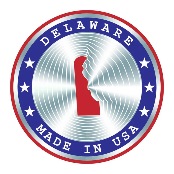 Feito em Delaware sinal de produção local, adesivo, selo, selo. Sinal redondo do holograma para o projeto do rótulo e a comercialização nacional dos EUA —  Vetores de Stock