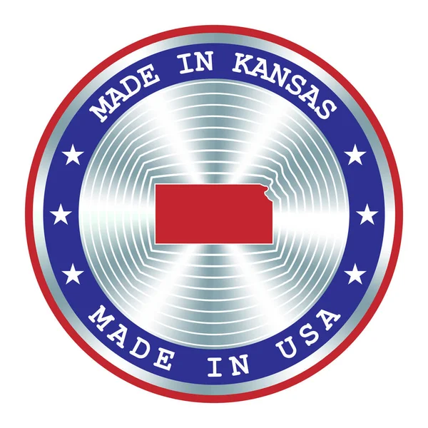 Feito em Kansas sinal de produção local, adesivo, selo, selo. Sinal redondo do holograma para o projeto do rótulo e a comercialização nacional dos EUA —  Vetores de Stock
