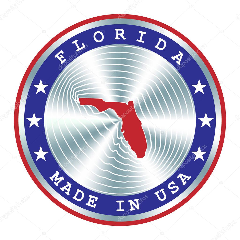 Made in Florida local production sign, sticker, seal, stamp. Round hologram sign for label design and national USA marketing