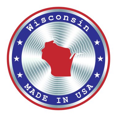 Wisconsin yerel üretim levhası, çıkartma, mühür, mühür. Etiket tasarımı ve ulusal ABD pazarlaması için yuvarlak hologram işareti