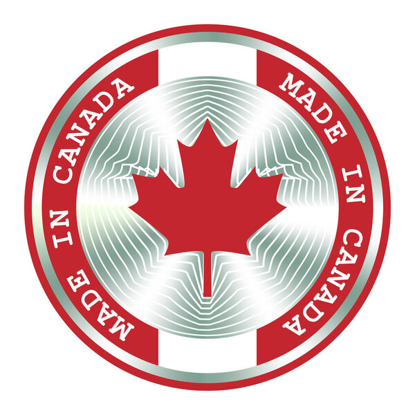 Made in Canada local production sign, sticker, seal, stamp. Round hologram sign for label design and national Canada marketing