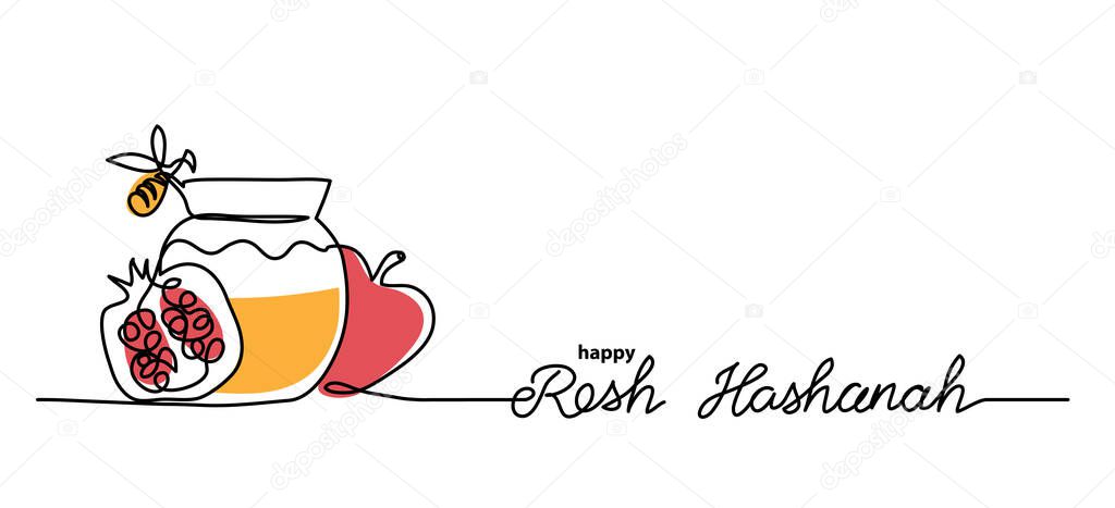 Rosh hashanah simple vector background with honey, apple, pomegranate and bee. One continuous line drawing with lettering happy Rosh hashanah
