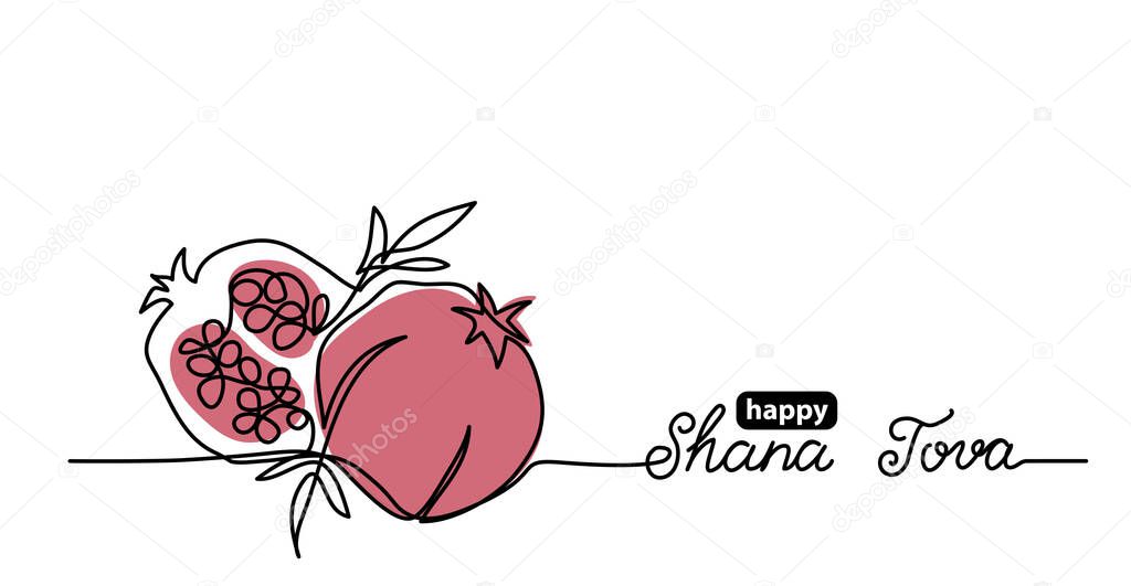 Shana tova simple vector background with pomegranate. One continuous line drawing with lettering happy Shana tova