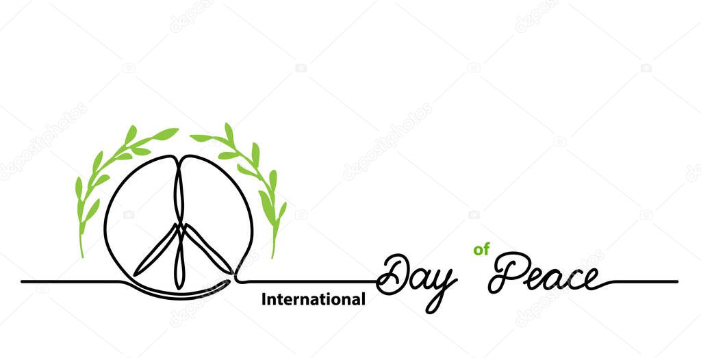 International Day of Peace simple background. One continuous line drawing background with lettering and round peace sign