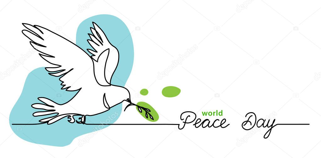 World Peace Day minimal background, web banner with white dove, pigeon and olive branch. One continuous line drawing background with lettering Peace Day