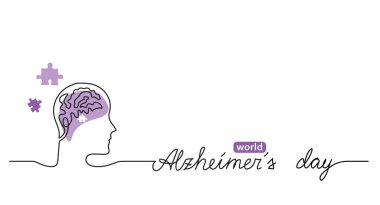 Alzheimer 'ın basit geçmişi, web afişi, beyni ve bulmacası olan posteri. Harf Alzheimer günüyle arkaplan çizimi