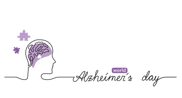 アルツハイマーの日の単純な背景、 Webバナー、脳とパズルとポスター。連続線画の背景と文字アルツハイマー日 — ストックベクタ