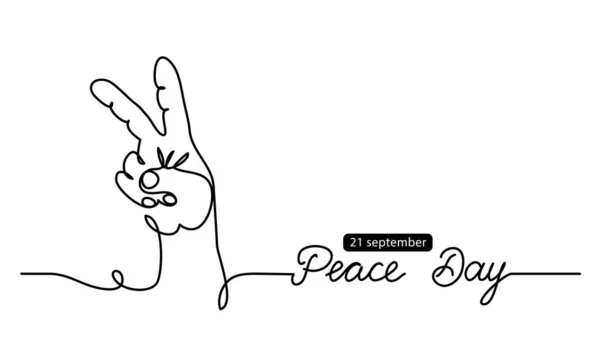 Prsty v mírovém znamení jednoduché vektorové pozadí, webový prapor, plakát. Ilustrace Mezinárodního dne míru pro 21. září. Jedno souvislé kreslení pozadí s písmeny Den míru. — Stockový vektor