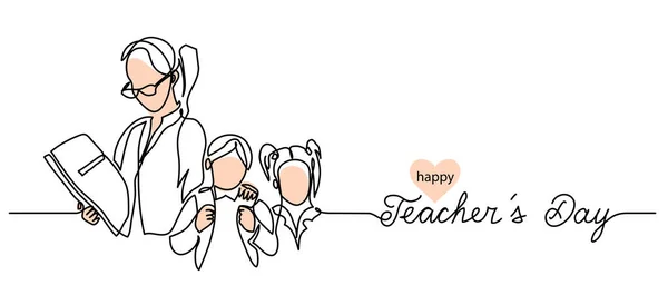Nauczyciele dzień tło z dziećmi i kobieta ilustracja. Prosty baner wektorowy. Jeden ciągły rysunek linii z liternictwem szczęśliwy Dzień Nauczycieli — Wektor stockowy