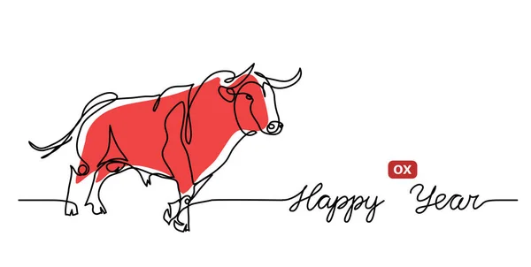 Feliz año buey banner vector simple, fondo. Año nuevo chino 2021 concepto con vaca roja, toro. Dibujo de una línea continua con texto Feliz año buey — Vector de stock