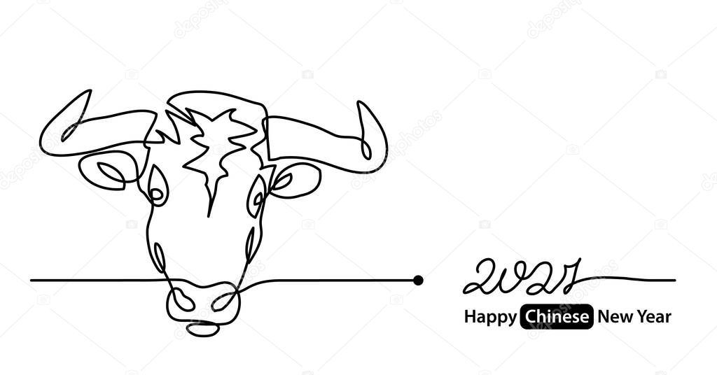 Simple 2021 Happy Chinese New Year vector banner, background. Concept with white ox, cow, bull mug or face. One continuous line drawing