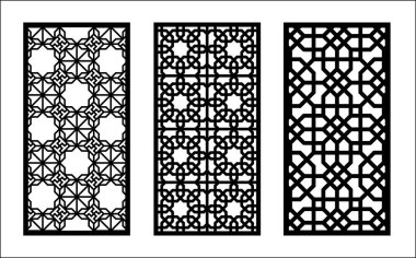 Arap İslami dekoratif duvarı, ekran, yıldızlı panel deseni. Vektör şablon kiti. Lazer kesimi için dekoratif vektör panelleri. Arabesk biçiminde iç bölümleme şablonu