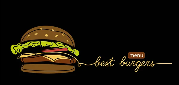 En iyi burger menüsü web vektör afişi, siyah arka planda poster. Harfli modern çizgi sanat tasarımı En iyi burger ve karalama çizimi — Stok Vektör