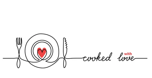 Tabak, çatal, bıçak, kalp minimalist vektör web afişi, arka plan. Sevgiyle pişirilmiş sürekli bir satır çizimi — Stok Vektör